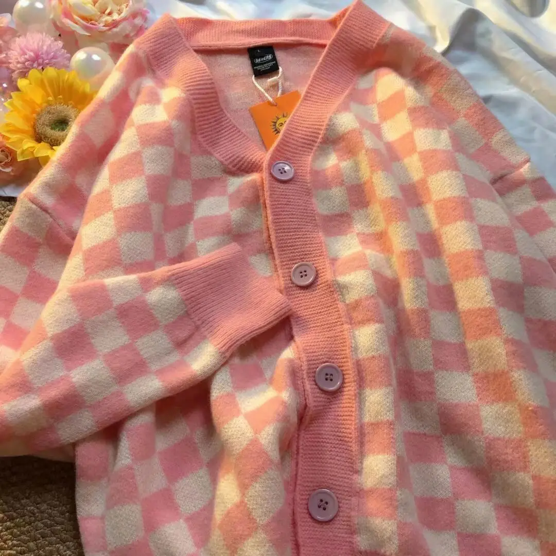 Checkerboard Cổ Tim Nữ Dài Tay Áo Len Dệt Kim Nữ Hàn Quốc Hồng Áo Len Cardigan Nữ Áo Có Nút Bấm