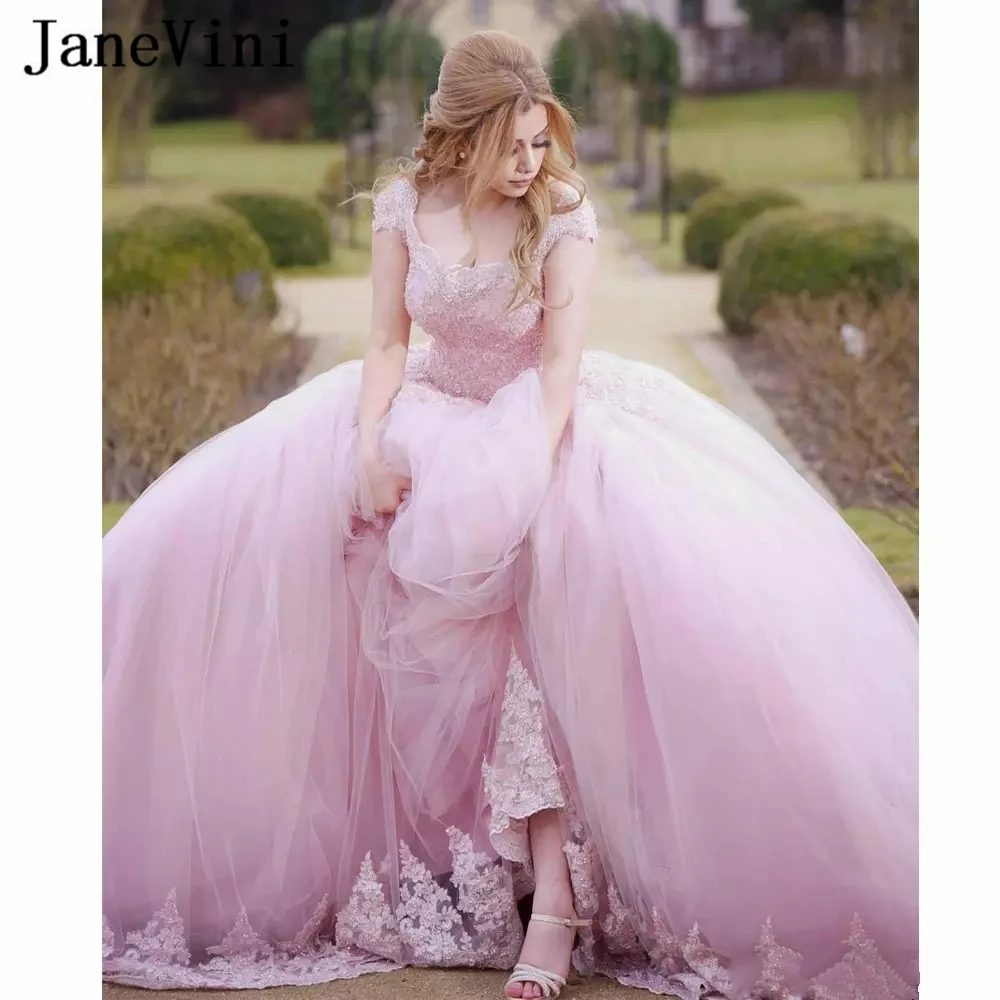 JaneVini-vestido de fiesta largo de quinceañera, elegante, rosa, cuello redondo, apliques, cuentas, tul, Princesa, baile de graduación, personalizado