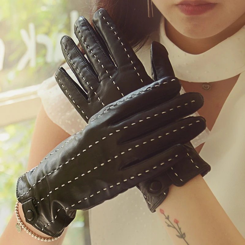 Real Leather Gloves Female Spring Autumn Warm Lady's Driving Sheepskin Gloves Thin Silky Nylon Lined Women Gloves BN87017