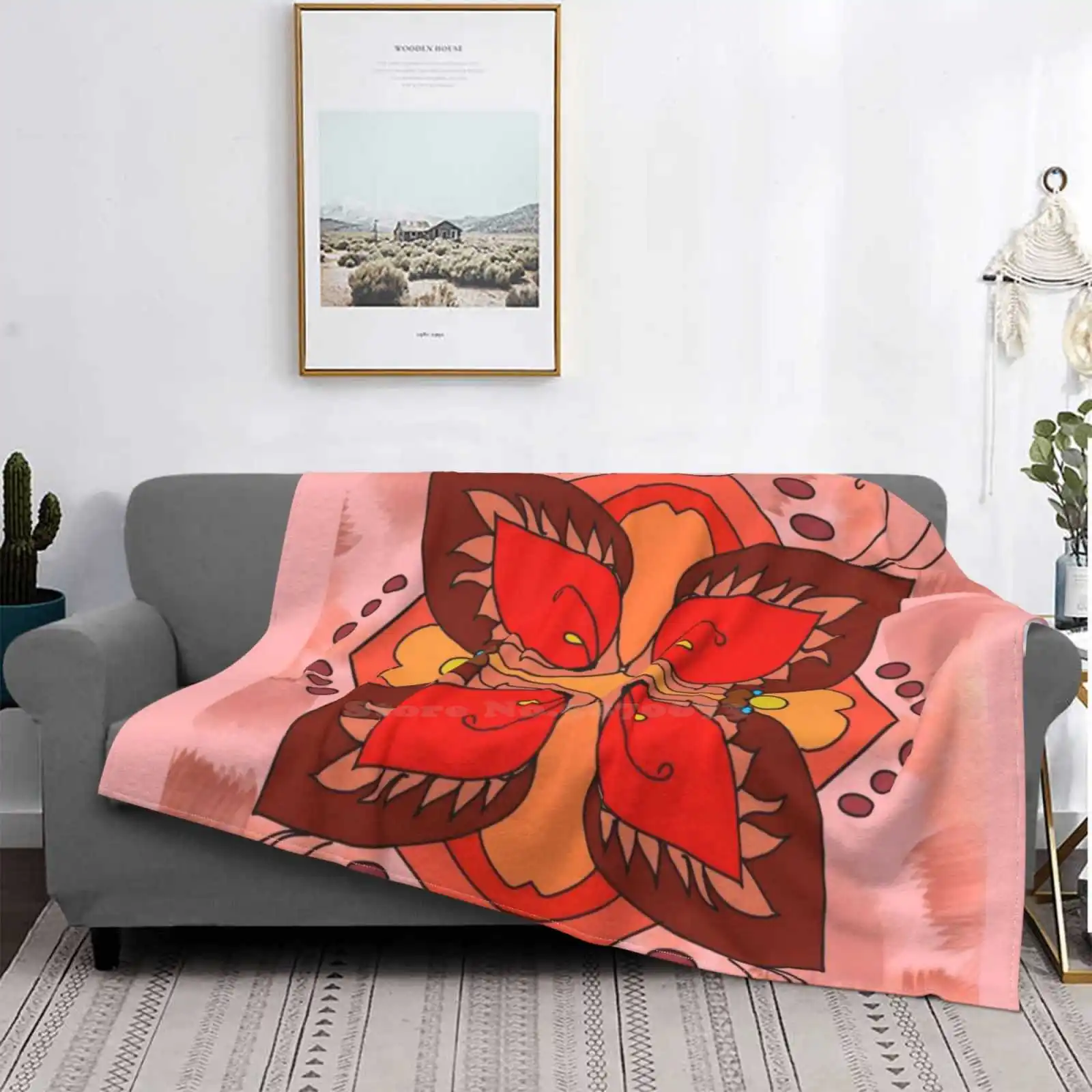 Floral Illusion Shaggy Throw Soft Blanket Sofa/Bed/Travel Love Gifts Floral Illusion Yellow Red Green Brown Red Bubble Artist