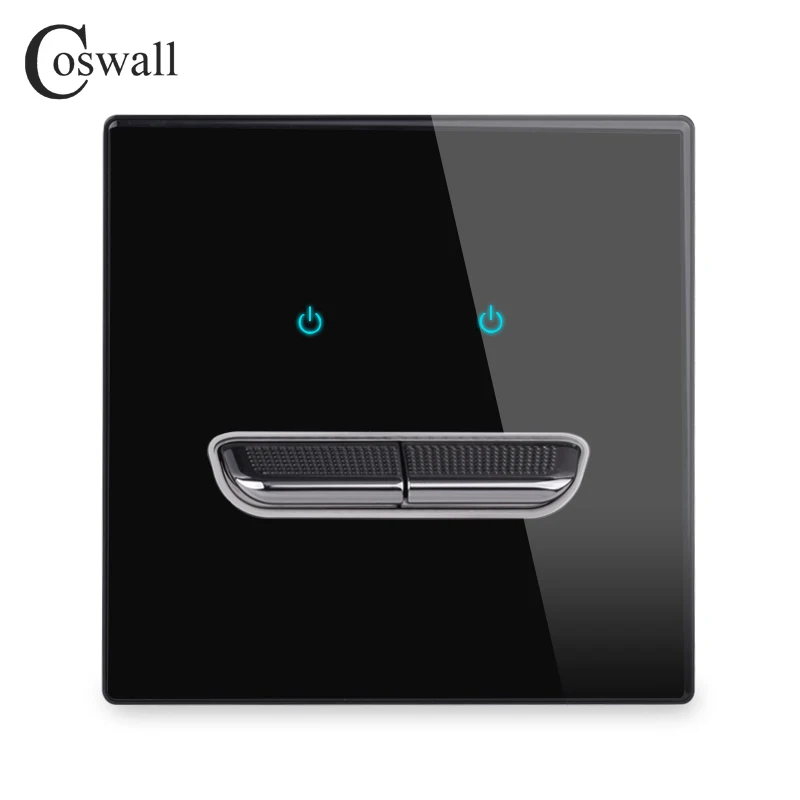 COSWALL 1/2/3/4 Gang 1/2 Way Toggle On / Off Wall Light Switch Blue Backlight Data CAT6 HDMI USB Charging Glass Panel Black