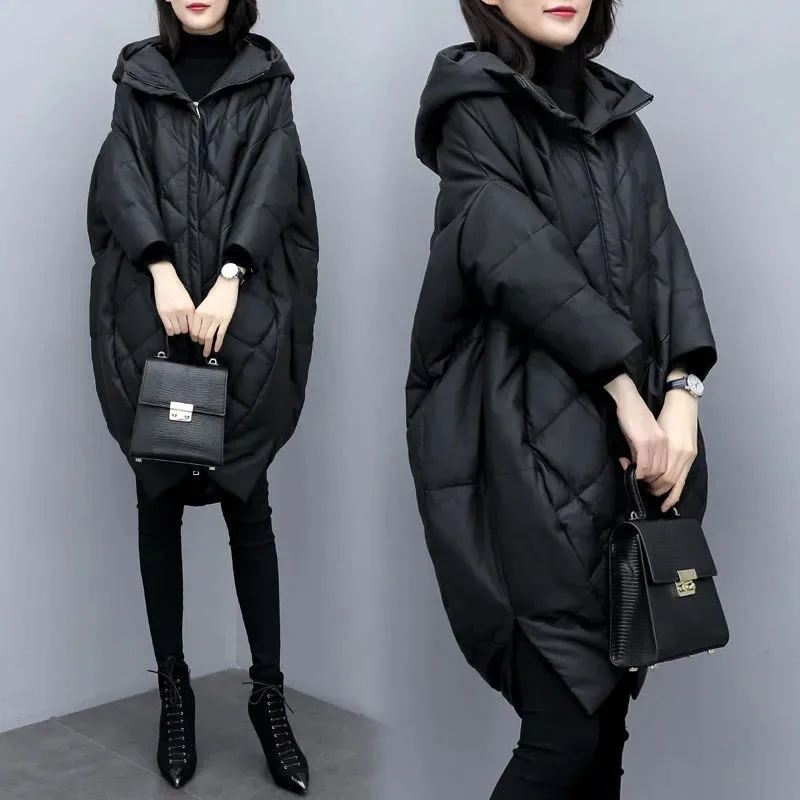 Cocoon-type Cotton Padded Jacket 2021 New Winter Large Size Mid-length Parkas Coat Female Loose Pu Leather Cloak Jacket Black