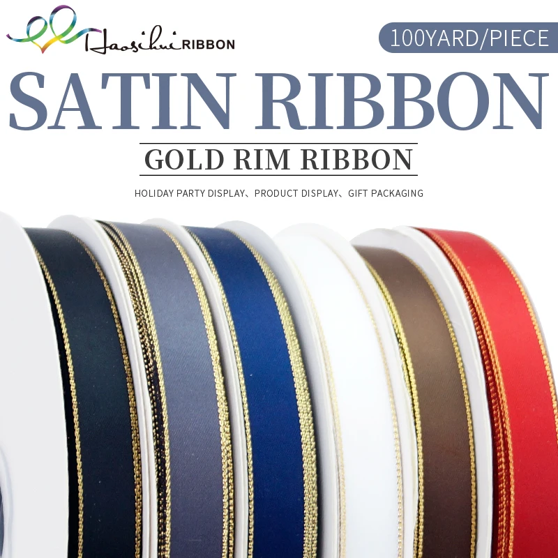 Solid Color Ribbons for Party Decoration, Handmade Bow, Gold Rim, Gift Box Packaging, DIY, 16-39mm, 100Yards/lot