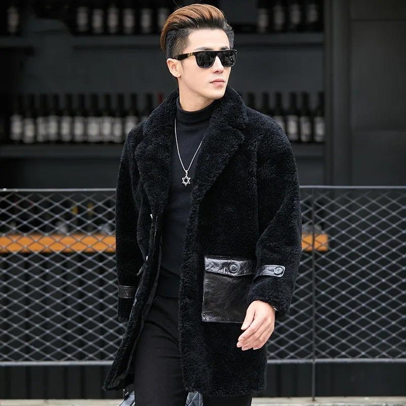 New Fashion Mens Sheep Shearing Coat Leather Pockets Business Man Mid Long Lamb Fur Overcoat Single Breasted Real Wool Jacket