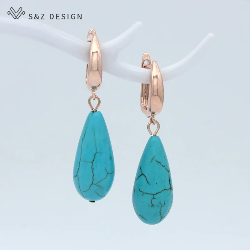 S&Z DESIGN New Rose Gold Color Water Drop Synthetic Turquoises Dangle Earrings For Women Wedding Elegant Jewelry Gift