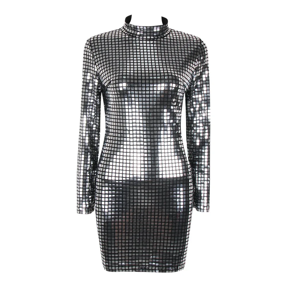 2021 New Women\'S Silver Dress Sequins  nine points Sleeved Bag Hip Nightclub Dress Long Paragraph Elegant Slim Casual Dress