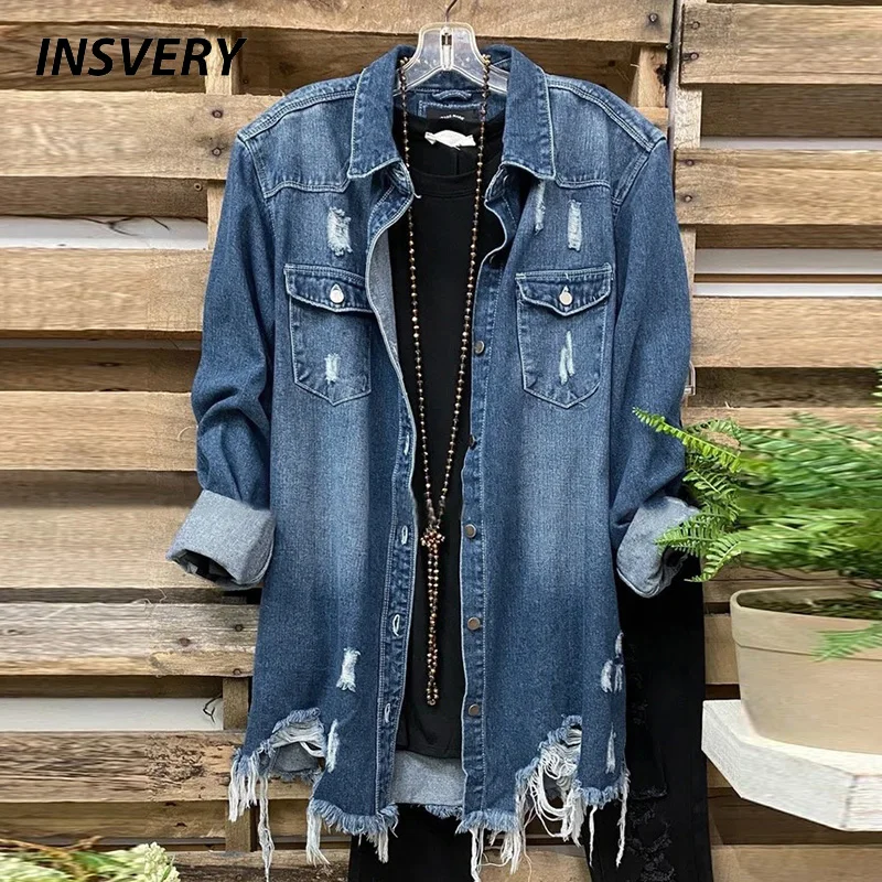 Blue Denim Jackets Women Long Sleeve Outerwear Female Coat Autumn Casual Women Coat Jacket Hole Design Ripped Jeans Jacket