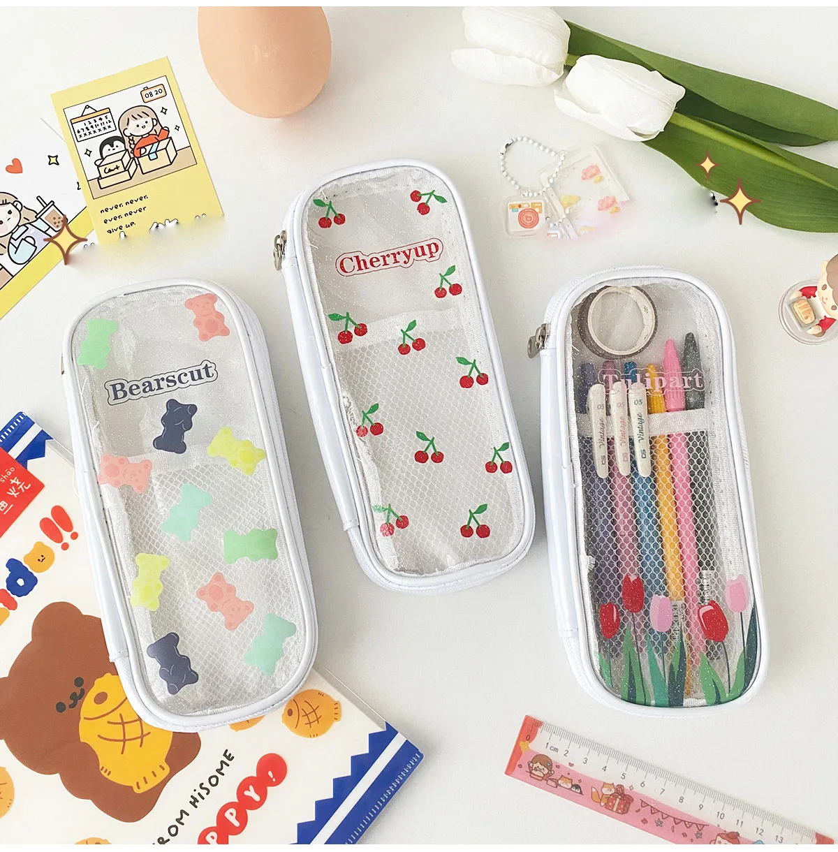 Sharkbang Tulip Bear Cherry Transparent Pen Bag Mesh Net Pouch Glitter Storage Case Brush Holder Birthday Gift School Stationery