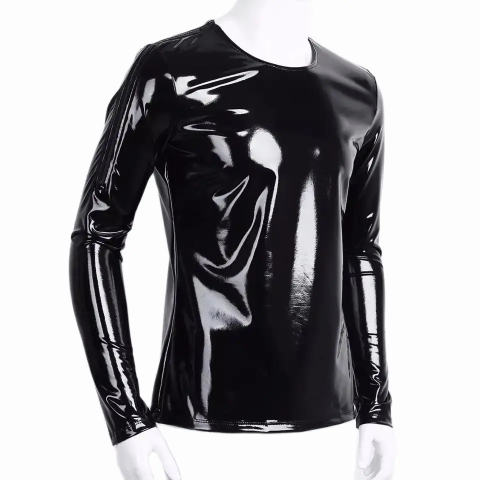 Mens Sexy Glossy PVC Leather Long Sleeve Shirt Erotic Shaping Latex Casual Coat Male Shiny Metallic Patent Leather T-shirts Sexi