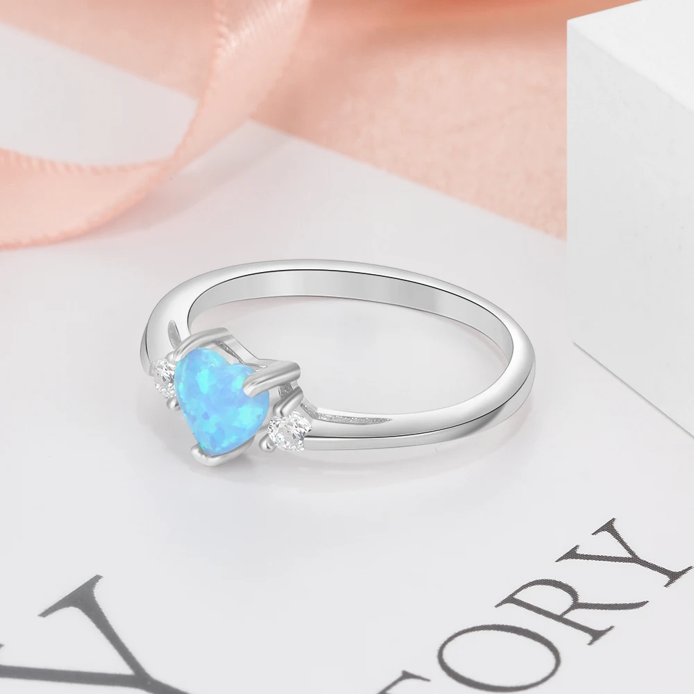 Silver Color Heart Rings Blue Opal Ring CZ Finger Ring with Cubic Zirconia Engagement Wedding Gift Fashion Jewelry for Women