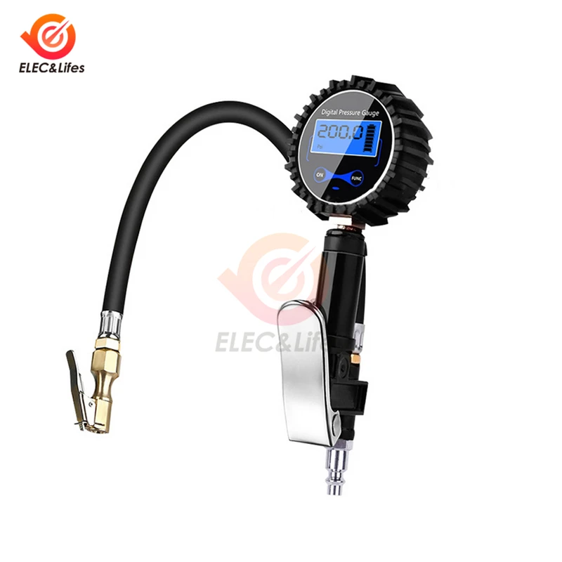 Car Truck Air Tire Inflator With Digital Pressure Gauge 200 PSI Air Chuck & Hose Pistol Type Automobile Pressure Gauge