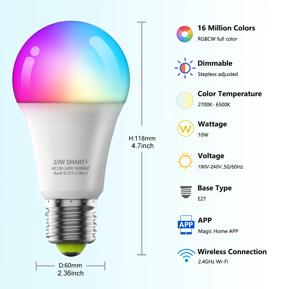 WiFi Bulb Alexa Amazon Smart Light Bulb 10W LED Neon Changing Lamp RGBCW LED E27 Bulb 220V Dimmable Lampada Google Home Lighting