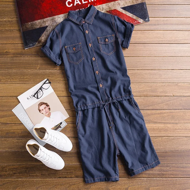 Summer Mens Casual One Piece Short Sleeve Jumpsuit Korean Printed Shorts Overalls Harajuku Cotton Linen Cargo Rompers Streetwear