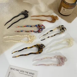 New Fashion Retro Flower Hair Sticks Acetate Hairpins  U Shaped Hair Pin Tortoiseshell For Woman Girls