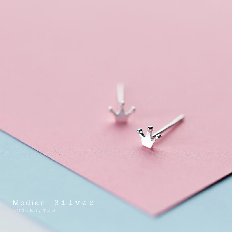 Modian 2021 NEW Minimalism 925 Sterling Silver Small Cute Crown Exquisite Trendy Stud Earrings Women And Girl Kids Tiny Jewelry