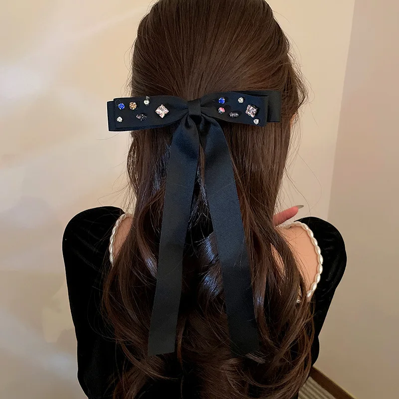 Luxury Crystal Hair Bows Clip Hairpins Barrettes Long Ribbon Korean Diamond Hair Clips Pins Hairgrip Accessories For Women Girls