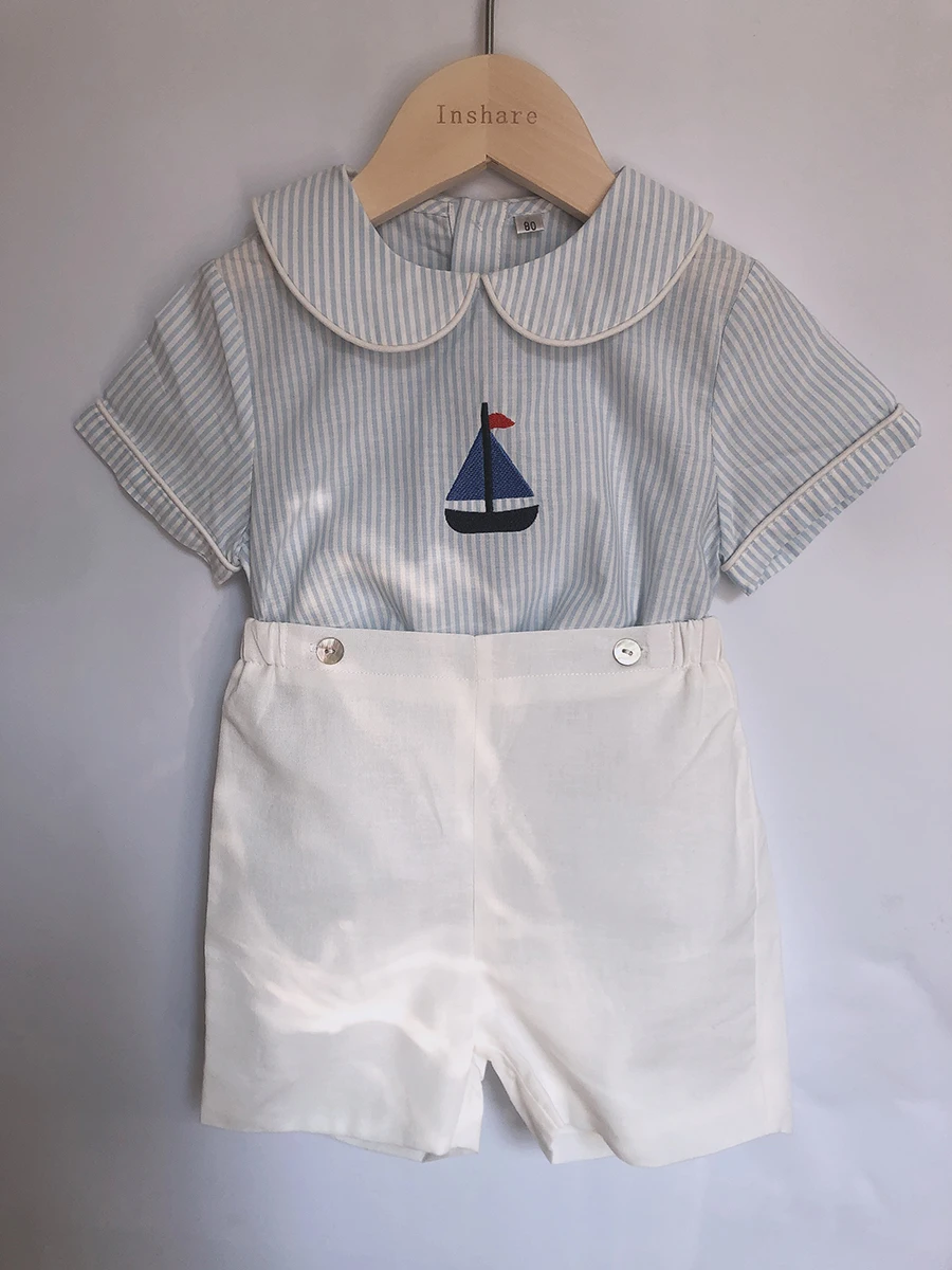 Children Boutique Clothing Set Toddler Boy 2Pcs British Style Short Sleeves Cotton Linen Striped Sailboat Embroidered Suit