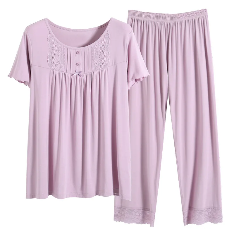 Novelty New Fashion Sleepwear Women's Modal Pajamas Short  Sleeve Tops+Pants With Lace Patchwork Casual Lounge Home Wear