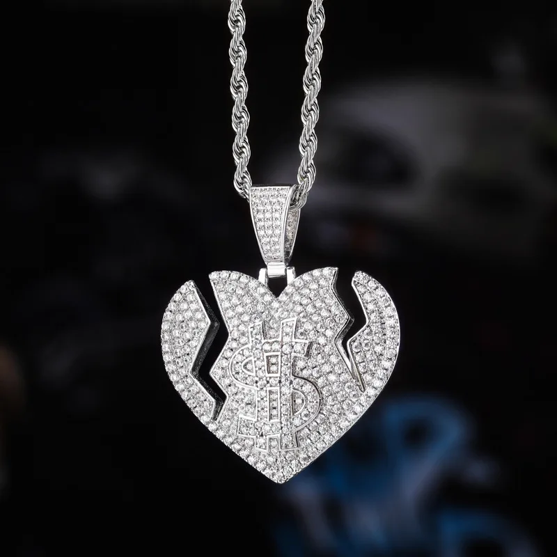 Hip Hop AAA Cubic Zirconia Paved Bling Iced Out Money Dollars Broken Heart Pendants Necklace for Men Rapper Jewelry Gold Color