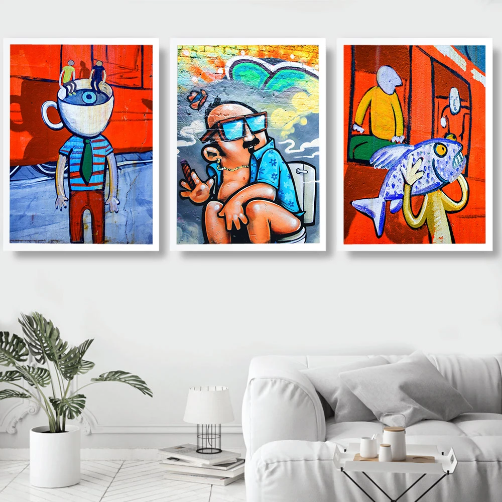 

Street Wall Graffiti Art Canvas Painting Abstract Color Fish Head Human Body Posters Print Modern Fashionable Wall Decor Pitures