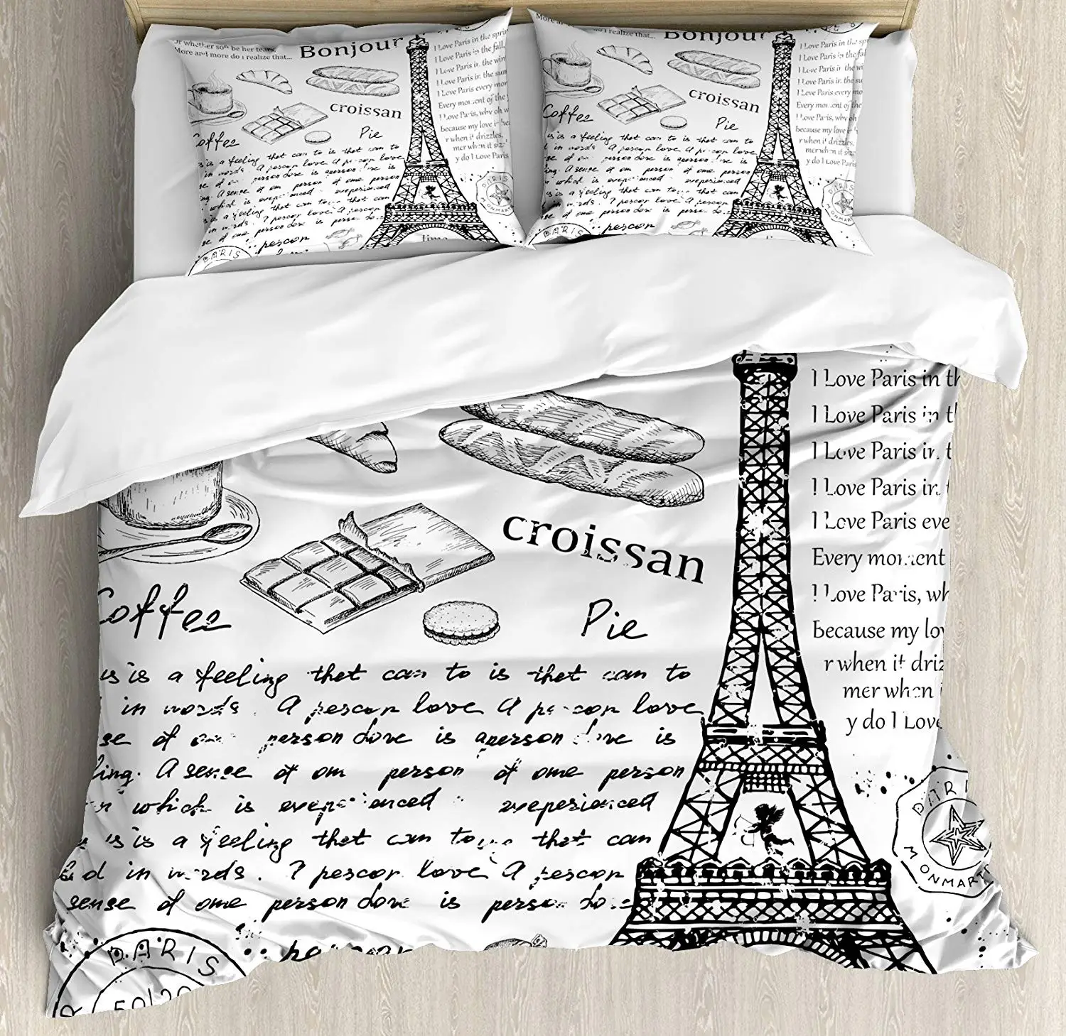 Paris Duvet Cover Set Traditional Famous Parisian Elements Bonjour Croissan Coffee Eiffel Tower Print Decorative 3 Piece Bedding