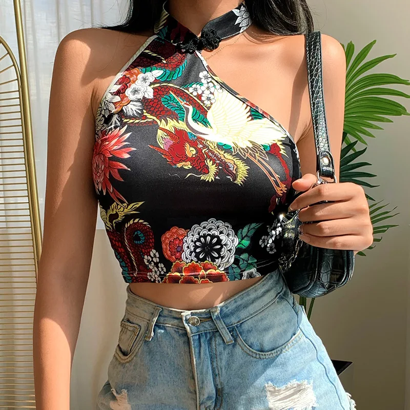 Summer Streetwear Crop Top Tank Fashion Ladies Chinese Style Tops Dragon Floral Tee Backless Sleeveless Neck Buckle Slim Sexy