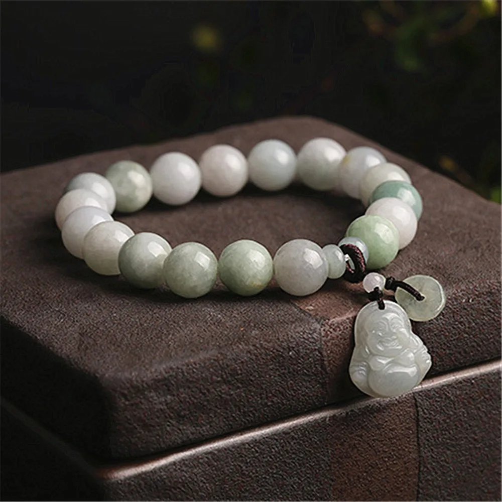 Natural Real Jade Emerald Bead Bracelet Women Charm Jewelry PIXIU Maitreya Buddha Pendant Accessories HandCarved Men Luck Amulet