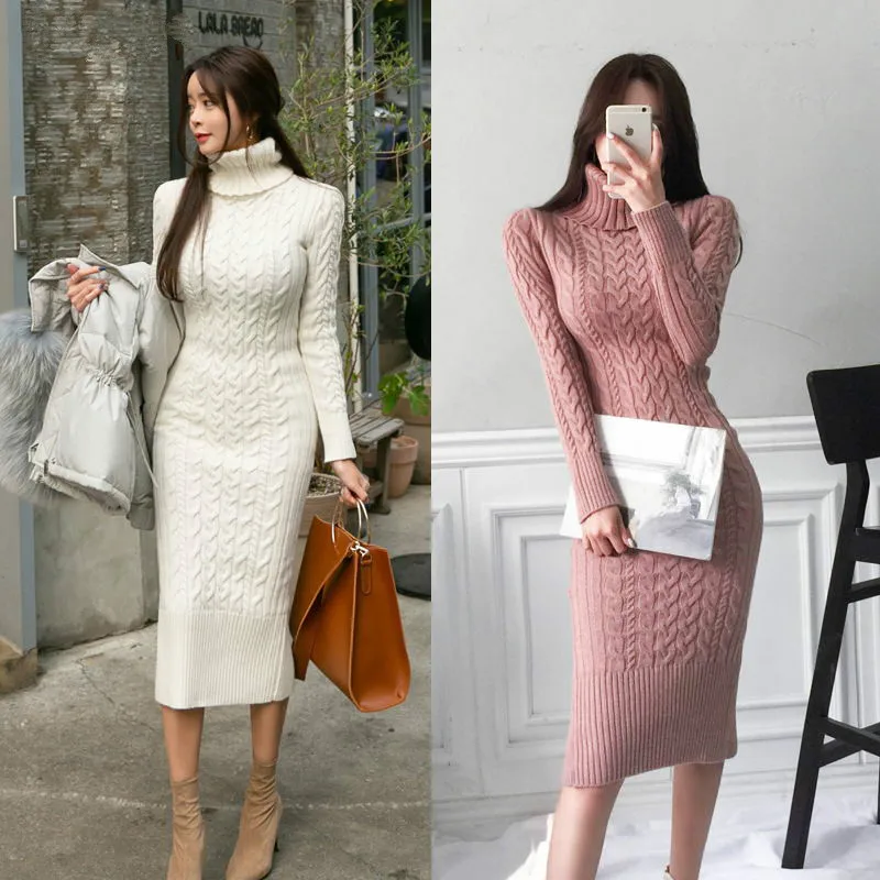 

Elegant Winter Vestidos Korean Style Sexy Slim Knitted dress thickening turtleneck knit dress Casual Female Sweater Dresses