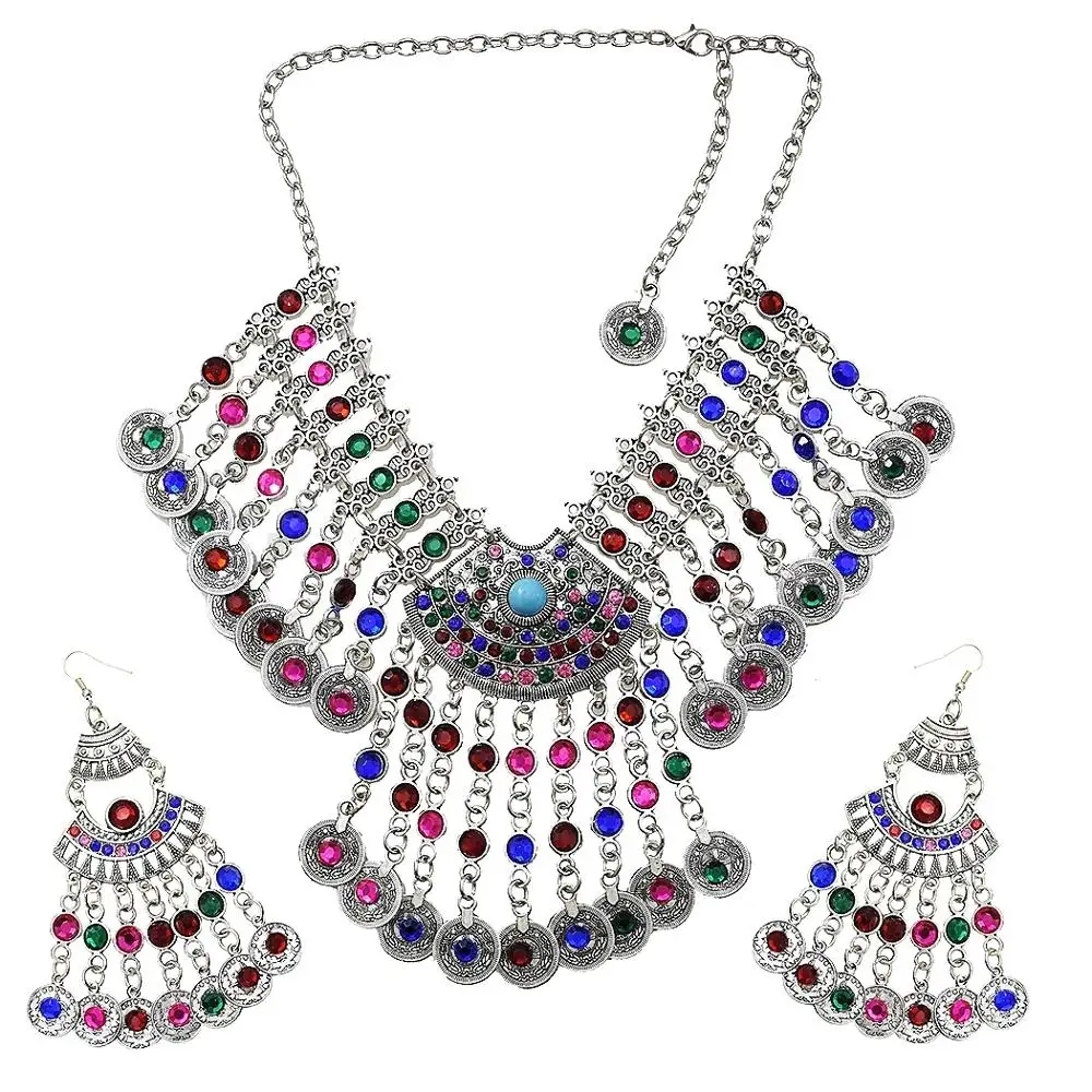 Afghan Silver Color Coin Tassel Bib Statement Necklace & Earring Sets for Women Turkish Gypsy Rhinestone Necklace Party Jewelry