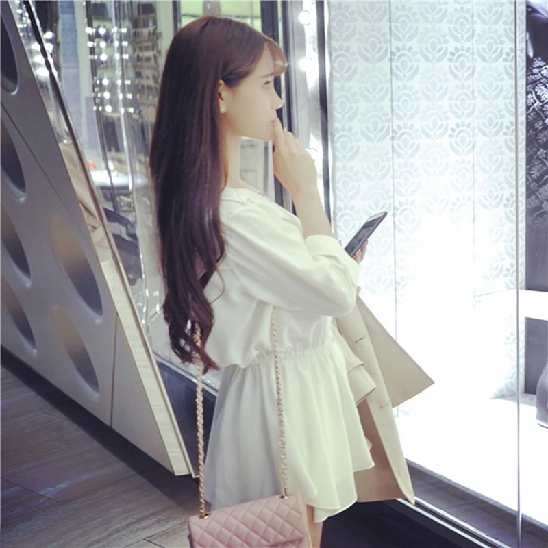 Women White V-neck Dress High Waist Chiffon Skirt Long Sleeve Mini Skirt