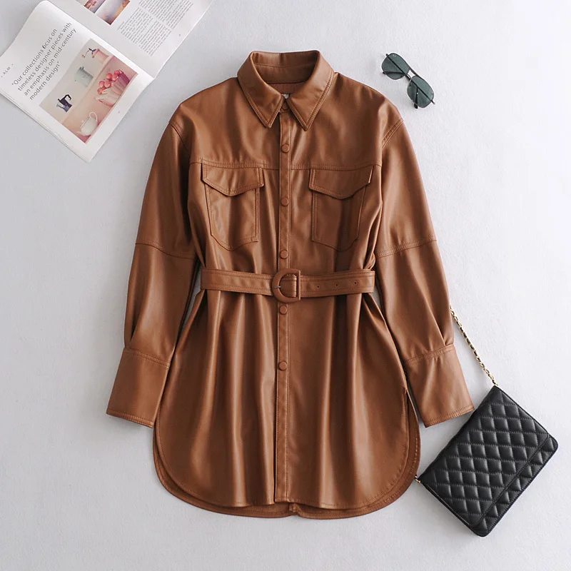 Nice Brand Faux Soft Leather Jackets Coats Lady Khaki single breasted Pu Shirt New Autumn Winter Casual Long Sleeve Tops Blouse