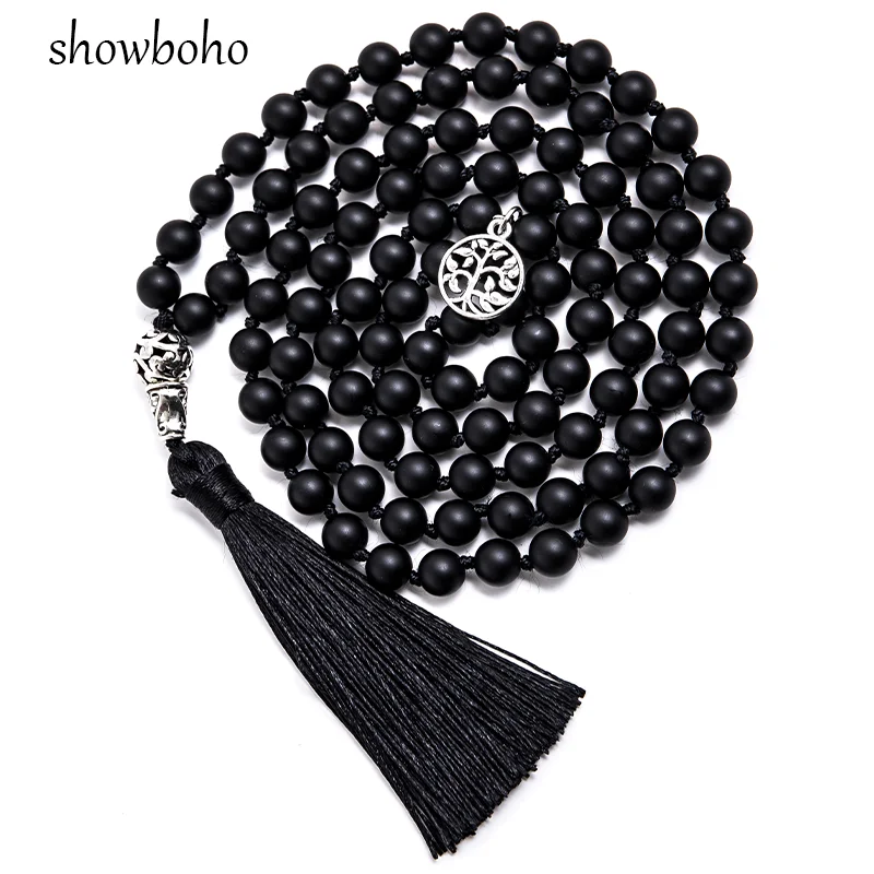 

8mm Matte Black Agate Beads Knotted 108 Mala Necklace Meditation Yoga Declaration Tibetan Tassel Tree of Life Pendant Jewelry
