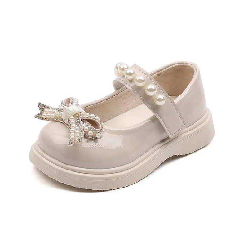 Zapatos de princesa de cuero PU con lazo de perlas para niñas, zapatos de mariposa para bebés, moda para niños