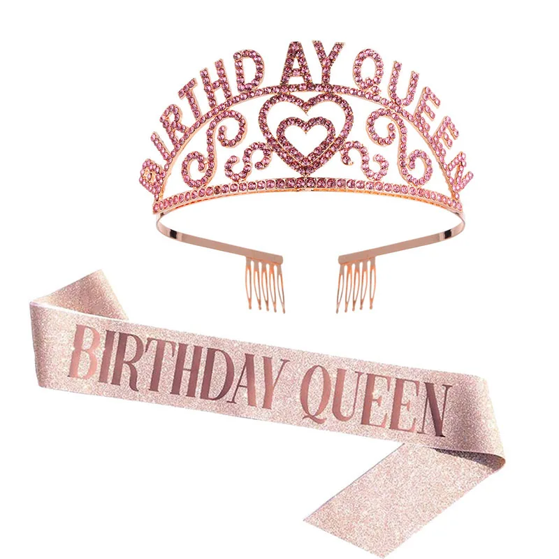 

Women Silver Crystal Crown Set Girls Pink Gold Birthday Queen Sash Anniversary Party Princess Tiara Kid Glitter Scarf Decoration