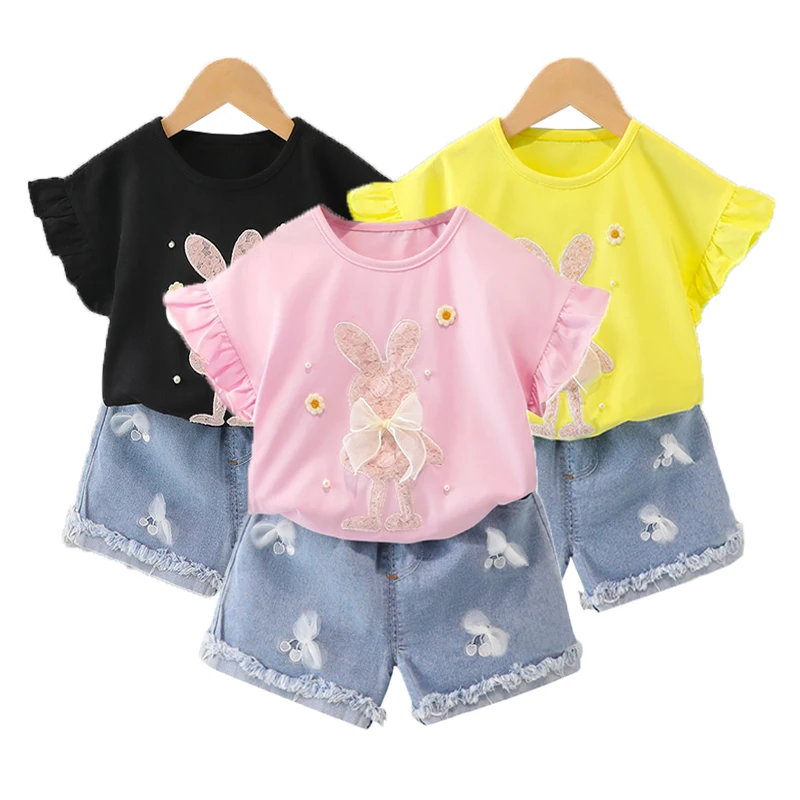 2021 New Girls Clothing Set Short Sleeve Summer Cotton Rabbit T-shirt+Pants 2Pcs Suit Toddler Children\'s Clothes 1 2 3 4 Years