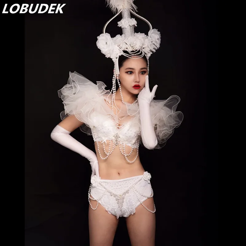 

Festival Party Show Rave Models Catwalk Stage Outfit White Beading Bikini Feather Flower Headdress Nightclub Bar Women Costume