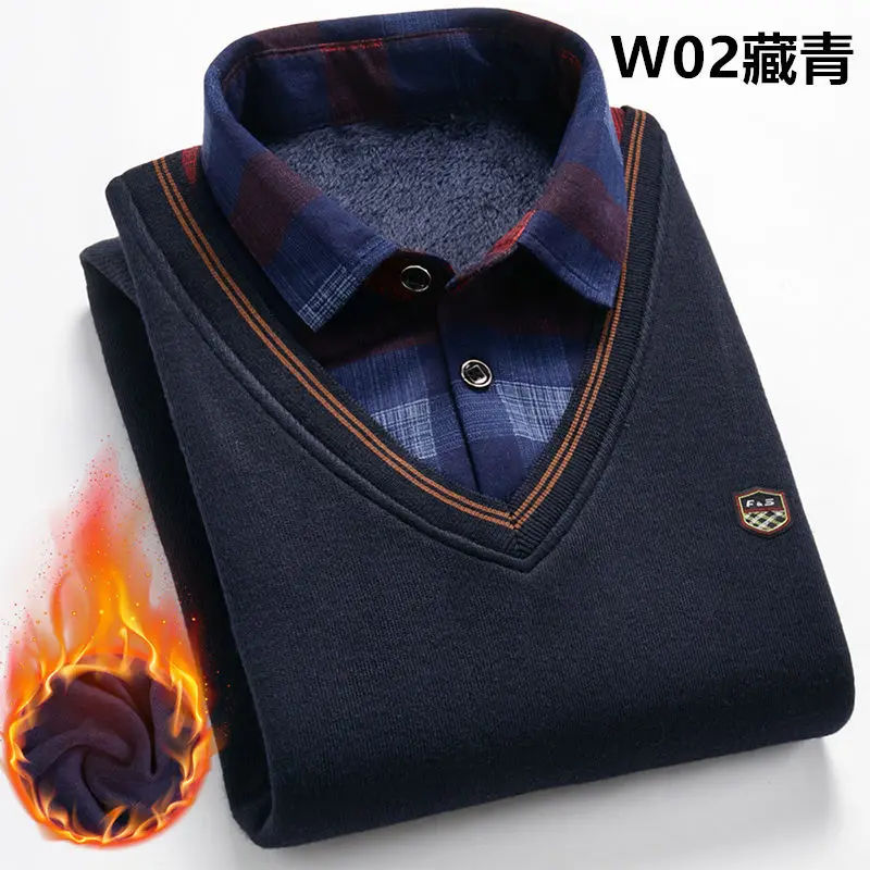 2024 New Autumn/Winter Men\'s Wool Shirt-Neck Sweater Fashionable Plaid Solid Thickened Warm Fleece High Quality Versatile Casual