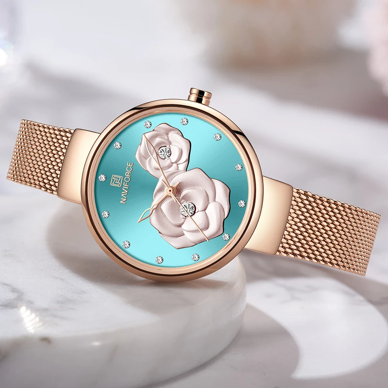 NAVIFORCE New Watches for Women Top Brand Beautiful Flower Quartz Female Wristwatch Stainless Steel Mesh Waterproof Girl Clock