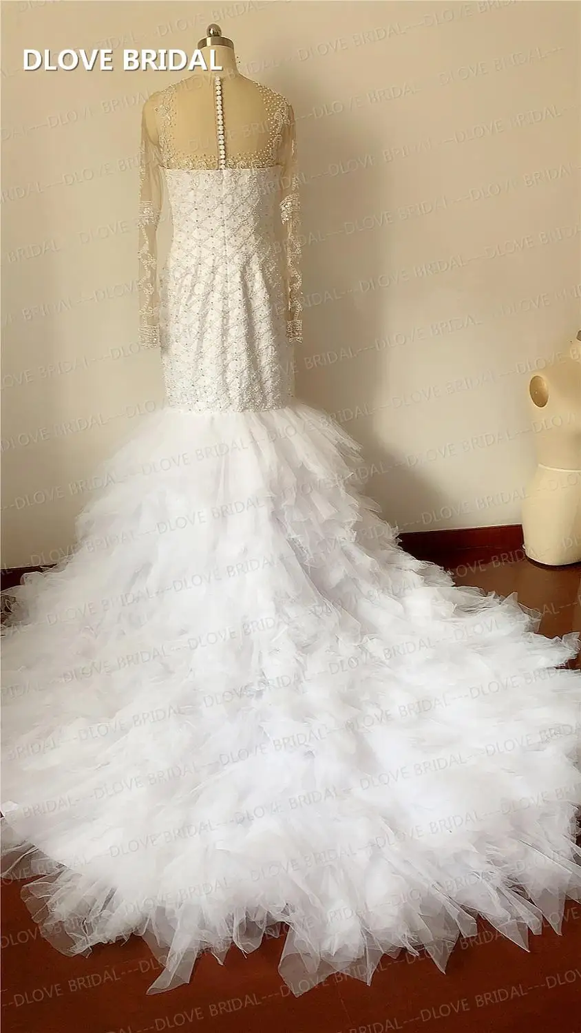 Di lusso Principali In Rilievo Della Sirena Abito Da Sposa Maniche Lunghe Ruffles Skirt Abito Da Sposa Custom Made