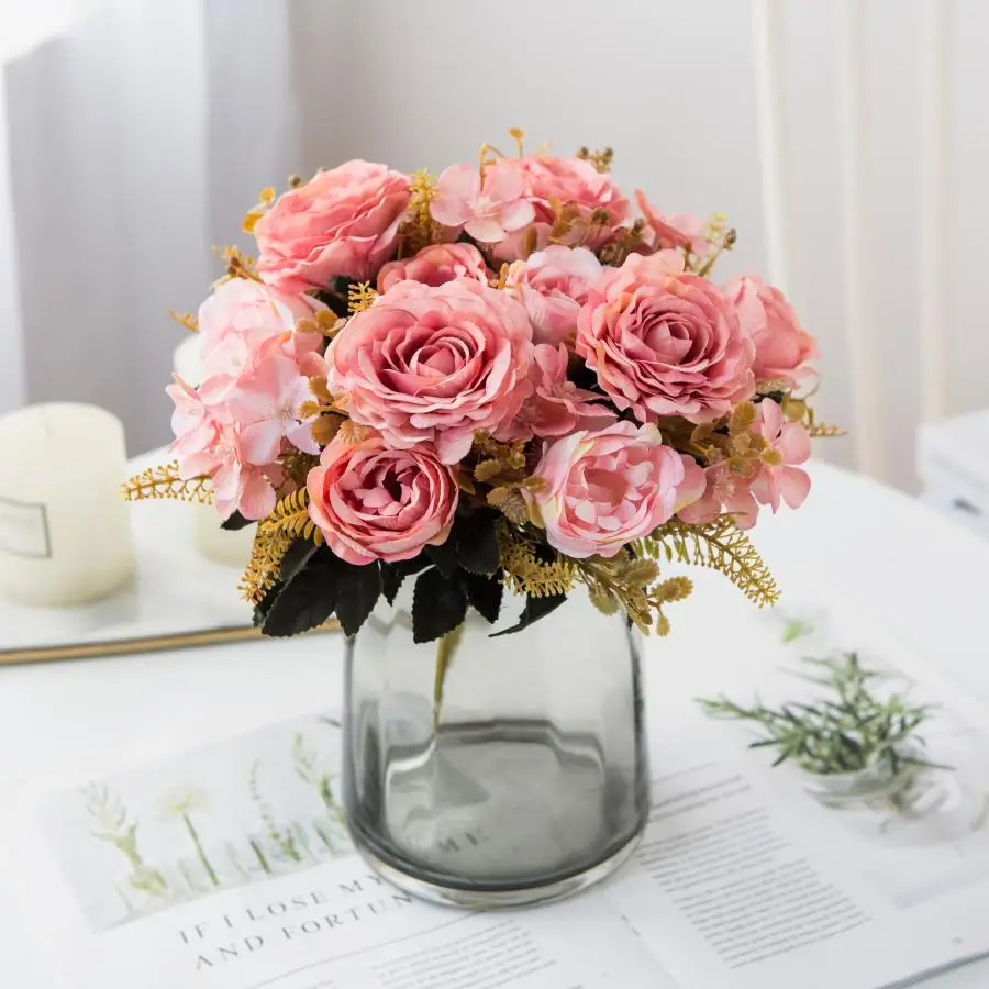 משי הידראנגאה ורדים זר אגרטל לעיצוב בית סתיו חתונה אביזרי חיסול גן מזויף אדמונית פרחים מלאכותיים