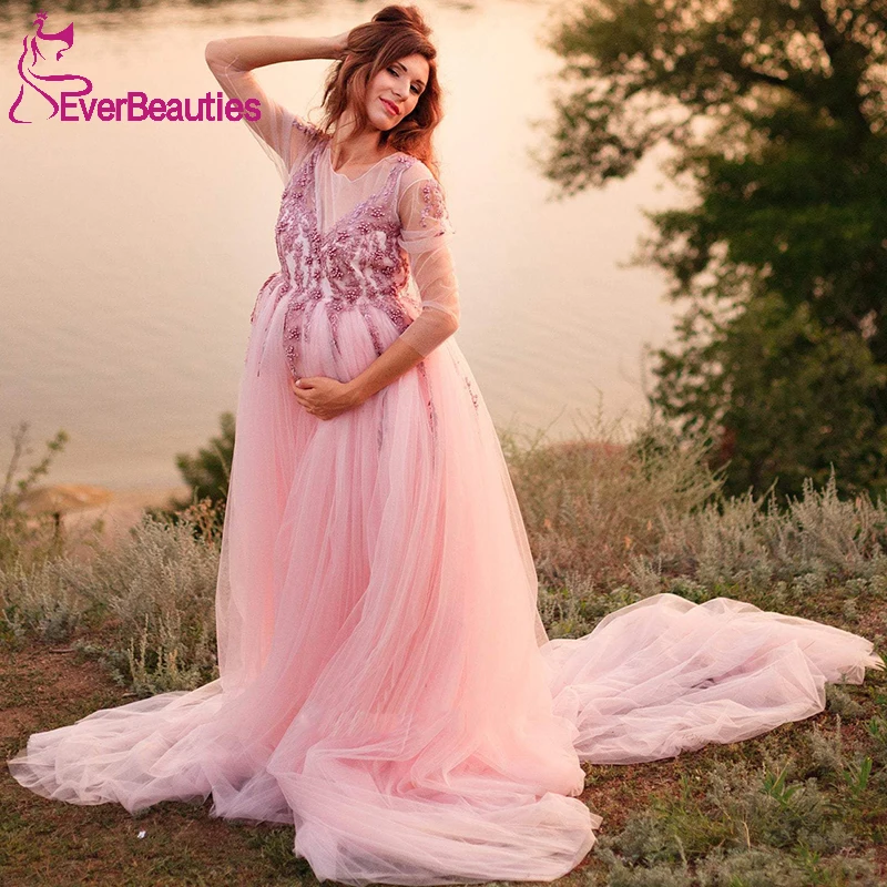 

Long Sleeves Evening Dresses Tulle Maternity Robe Maternity Dresses for Photo Shoot Baby Showers Dress Robe De Soiree Femme