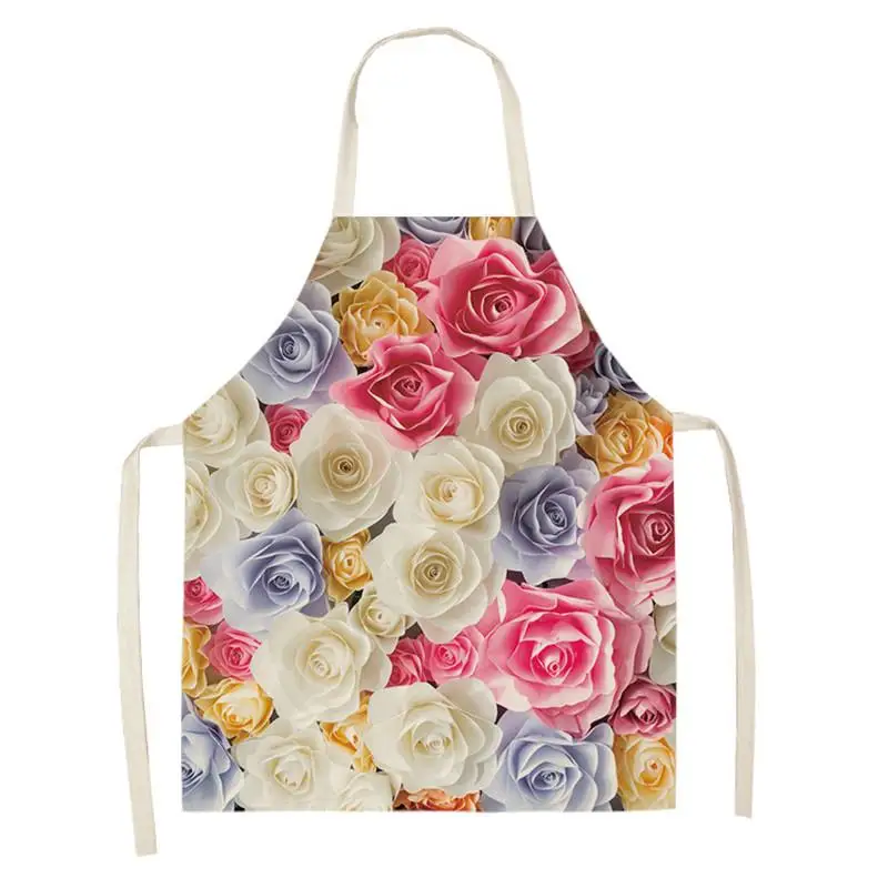 Flower Apron Women Men Colorful Floral Cotton Linen Aprons for Kitchen Home Cooking Baking Cleaning Accessories WQ85