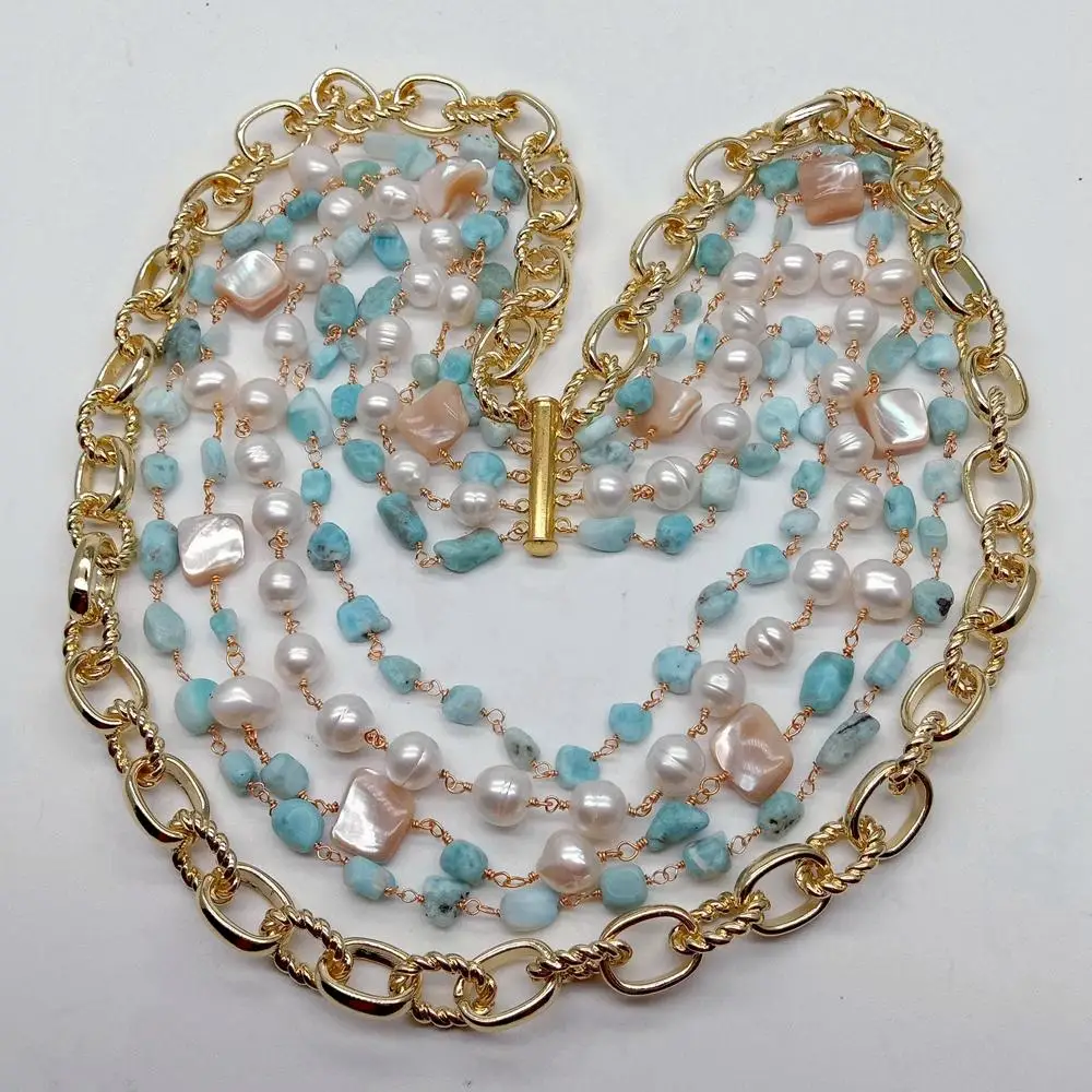 

Y·YING 5 Strands Natural White freshwater Pearl Blue Larimar Freeform Cultured Shell Rosary Chain statement Necklace 18.5"