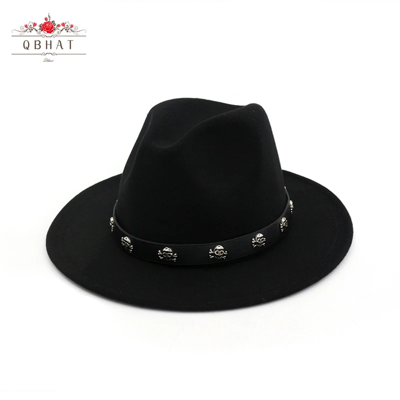 QBHAT Vintage Rivet Band Fedora Hat for women men Wool Felt Wide Brim Panama Gambler Cap Casual Jazz Top Hat For Party Wedding