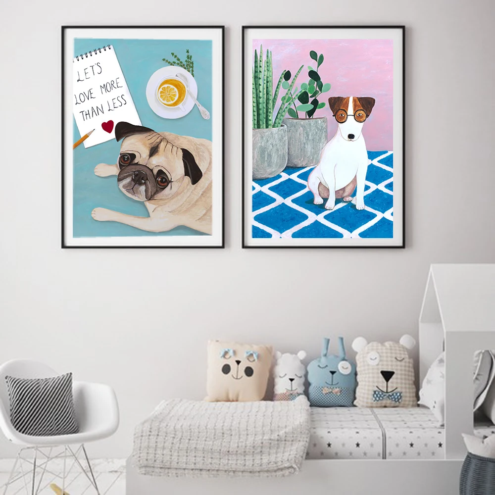 English Bull Terrier With Plant Cartoon Posters And Prints Cute Dogs Canvas Painting Wall Art Pictures For Kid's Bedroom Decor