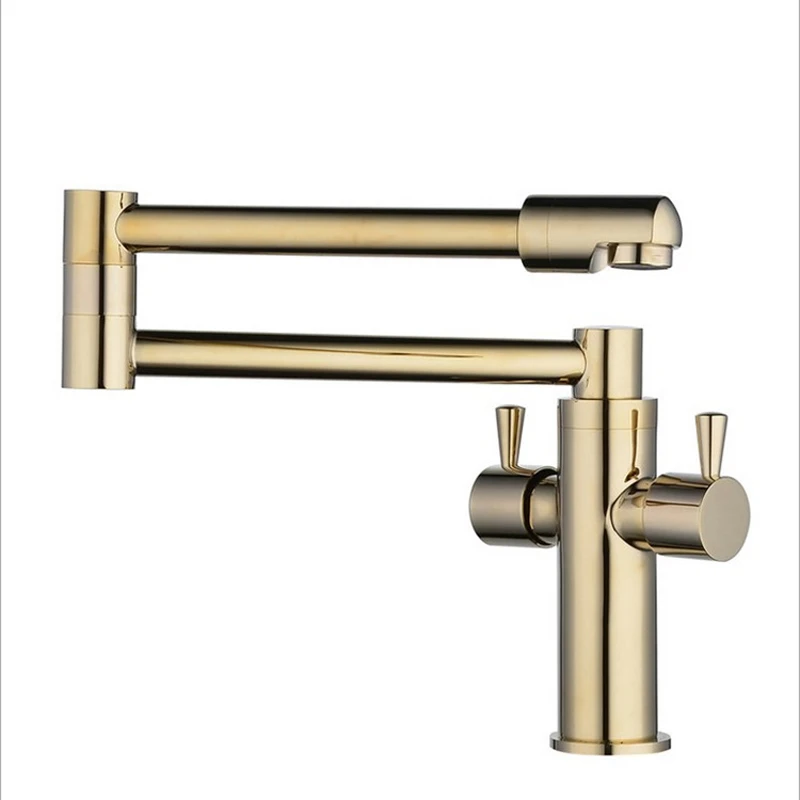 Luxurious Brass Golden Kitchen Sink Faucet Mixer Two Handle Foldable Rotating Gold Basin Cold Hot Water Tap G1122