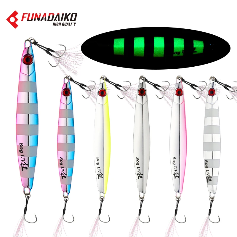 FUNADAIKO Metal Chrome Jig Fish 20g 30g 40g 50g 60g 80g Shore Casting Luminous Jig Sea Fishing Lure Artificial Bait Tackle Pesca