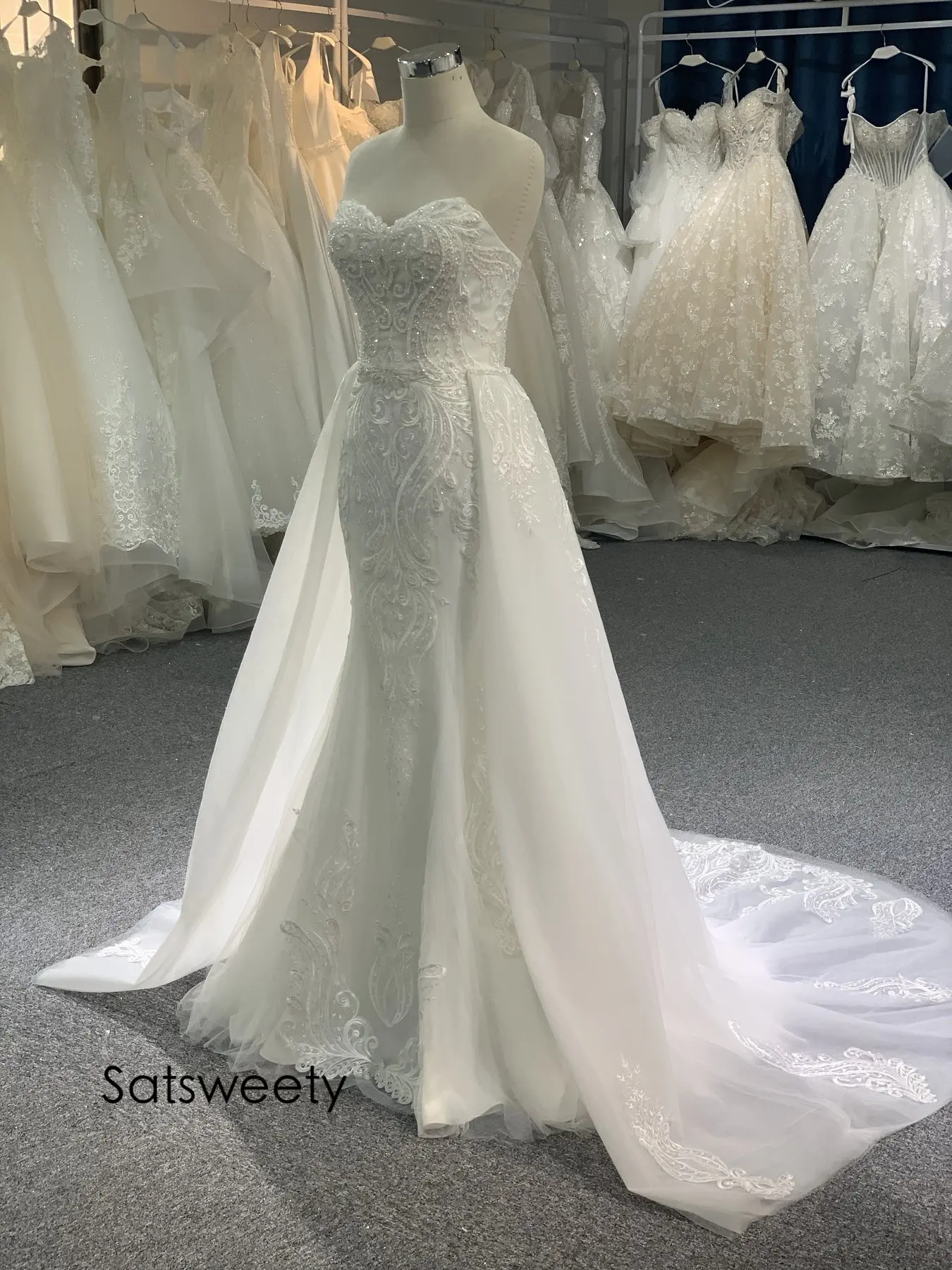 Real Photos Beaded Wedding Dress 2022 Mermaid  Bridal Dresses Detachable Skirt Customized Vestido de Noivas