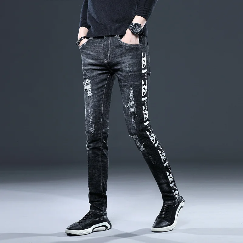 Light Luxury Men’s Ripped Jeans,Slim-fit Stretch Black Jeans,High Quality Side-Prints Denim Pants,Street Fashion Casual Jeans ;