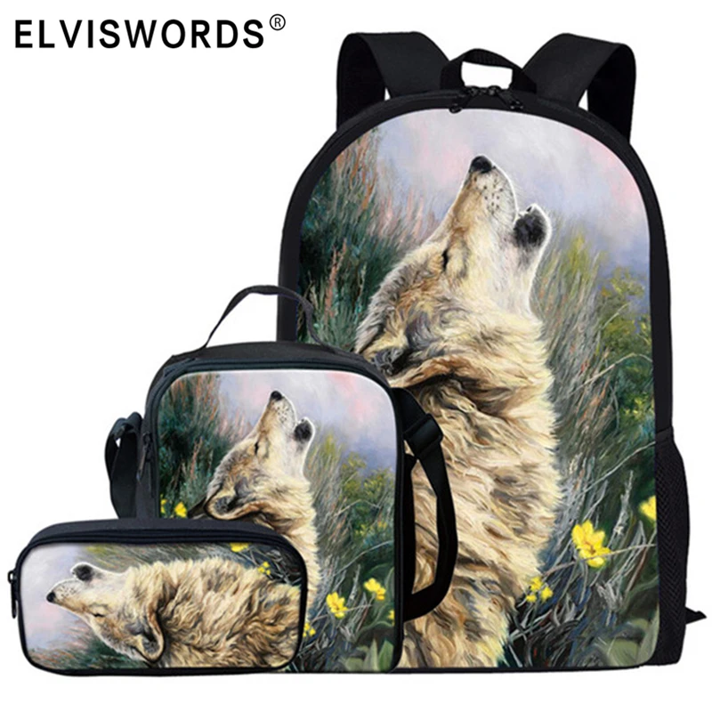 

ELVISWORDS Fashion School Bags 3Pcs/Set Cool Wolf Printed Black Schoolbags Bookbags For Teenager Boys Cool Men Shoulder Backpack